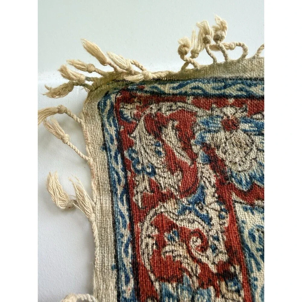 Antique Persian Fringed Cloth Tapestry Qajar Hunting & Polo Scene 24 X 24
